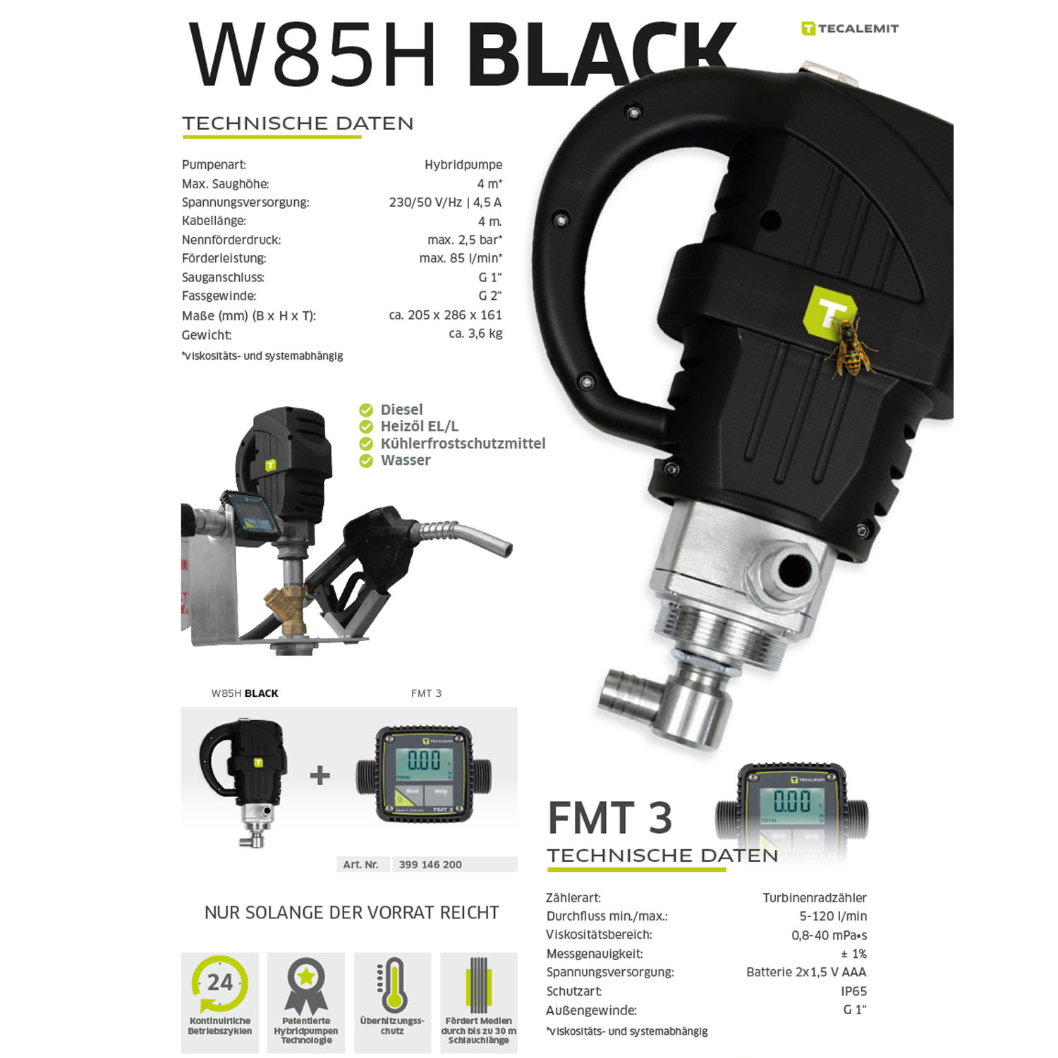 Tecalemit Hornet W85H BLACK Pumpe mit Zählwerk FMT3 Diesel Heizoel Wasser Kühlerfrostschutz